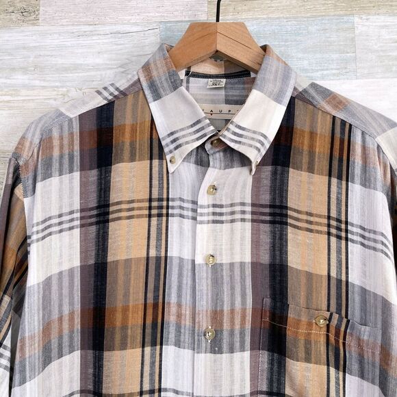 Haupt Germany Linen Blend Lawn Shirt Gray Brown Plaid Short Sleeve Mens Large - Picture 2 of 6